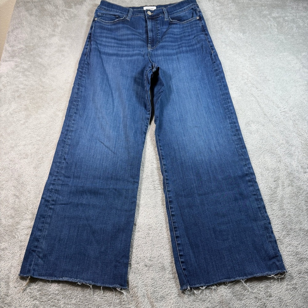 FRAME Le Slim Palazzo Wide Leg Jeans Women 31 Blue High Rise Raw Hem Wide Leg